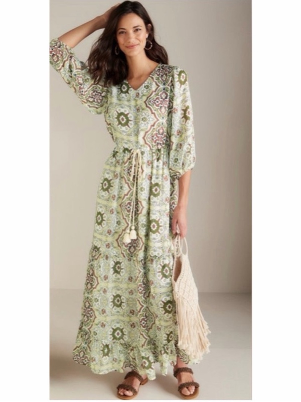 NWT Soft Surroundings Zia Maxi Dress Womens XL Balloon Sleeve Medallion Tassel - Picture 1 of 6